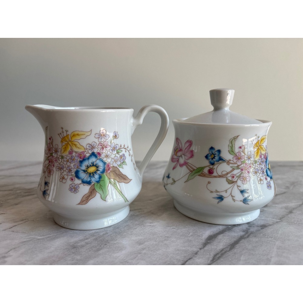 Shafford Meadow Flowers Porcelain Creamer and Sugar Bowl Set 1984 Floral White